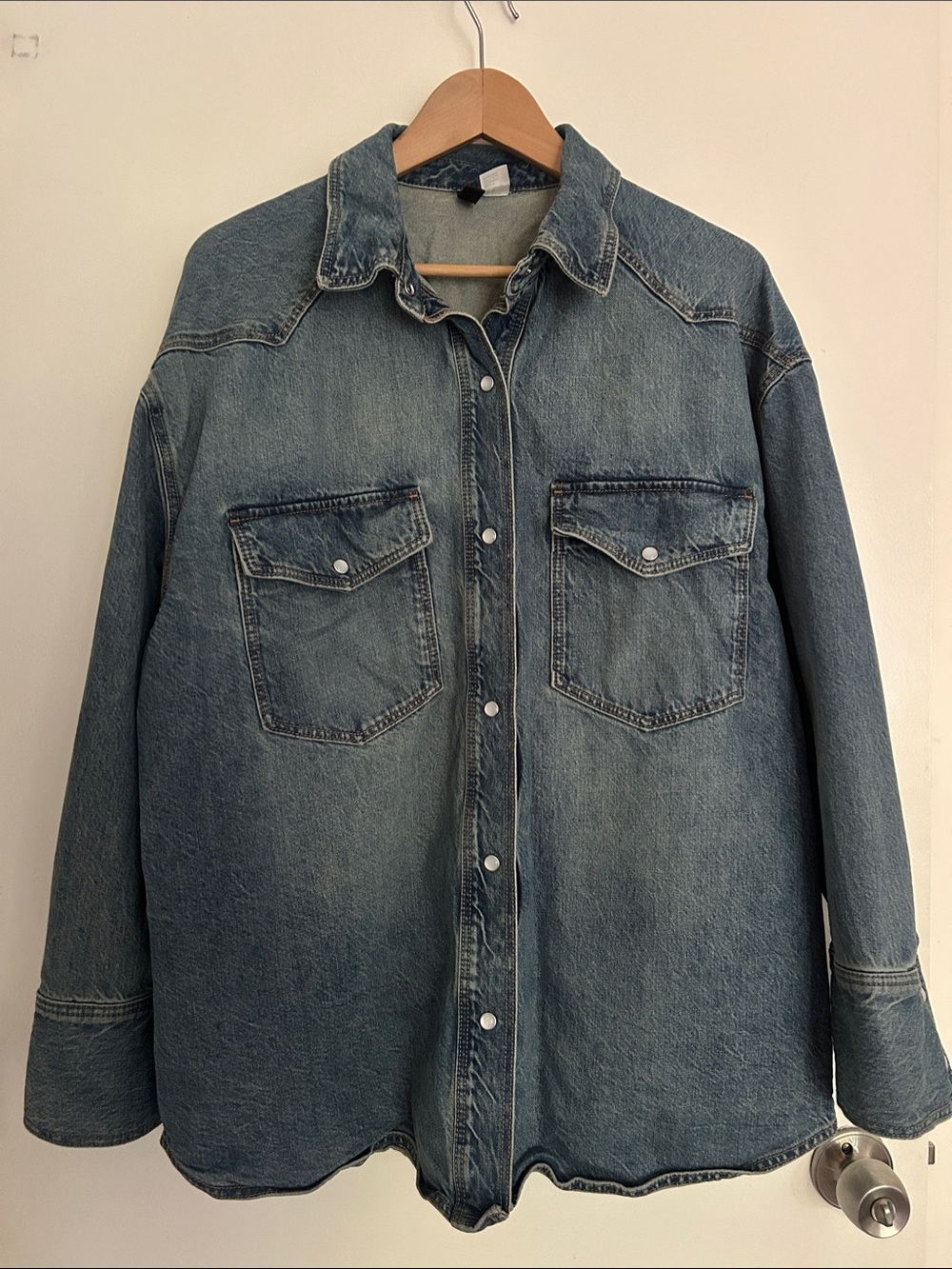 Oversized Denim Pearl Snap Shirt Jacket - Blue